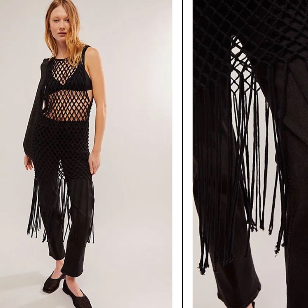 Free People Black Fringe Mesh Top
